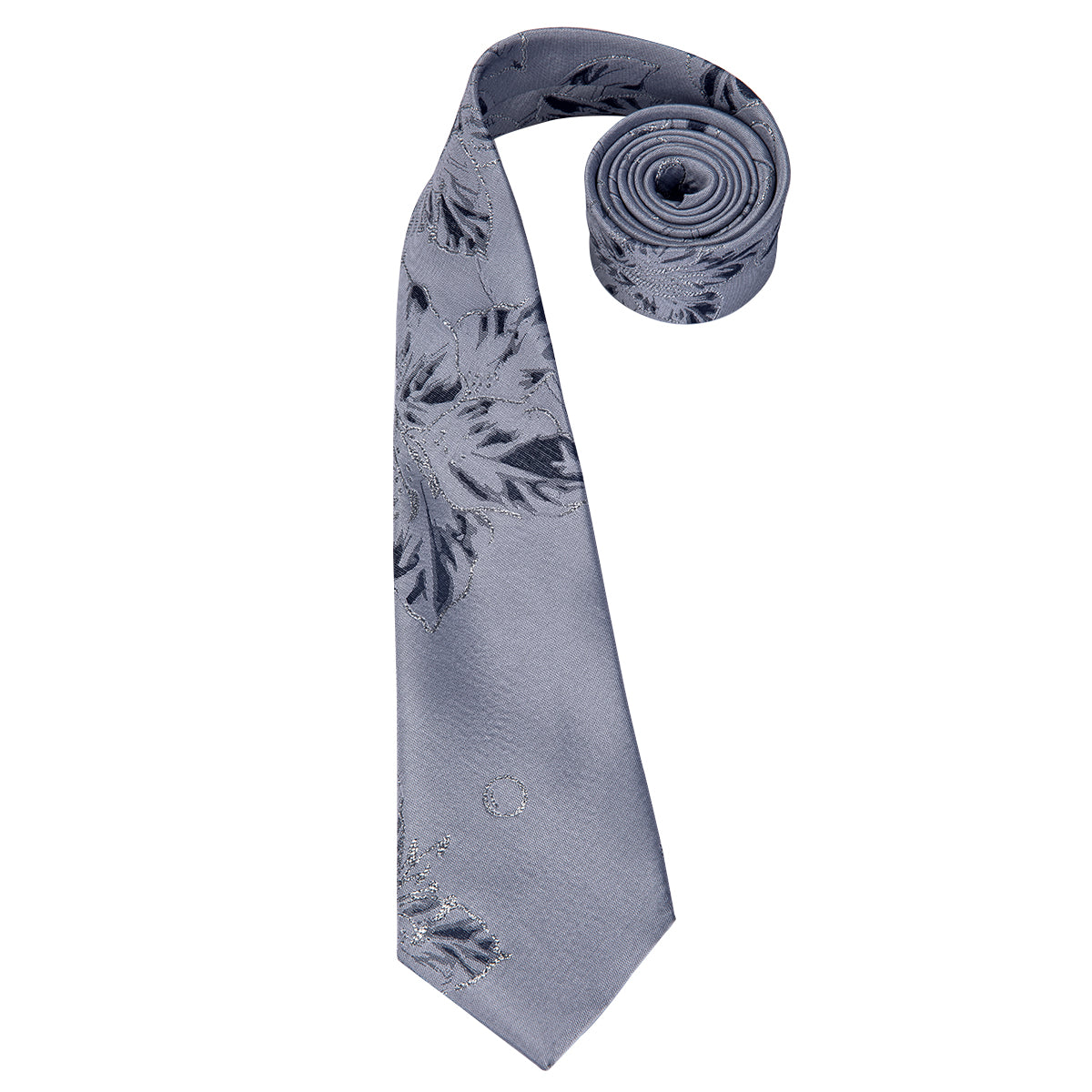 Light Grey Silver Necktie Floral Tie Pocket Square Cufflinks Set