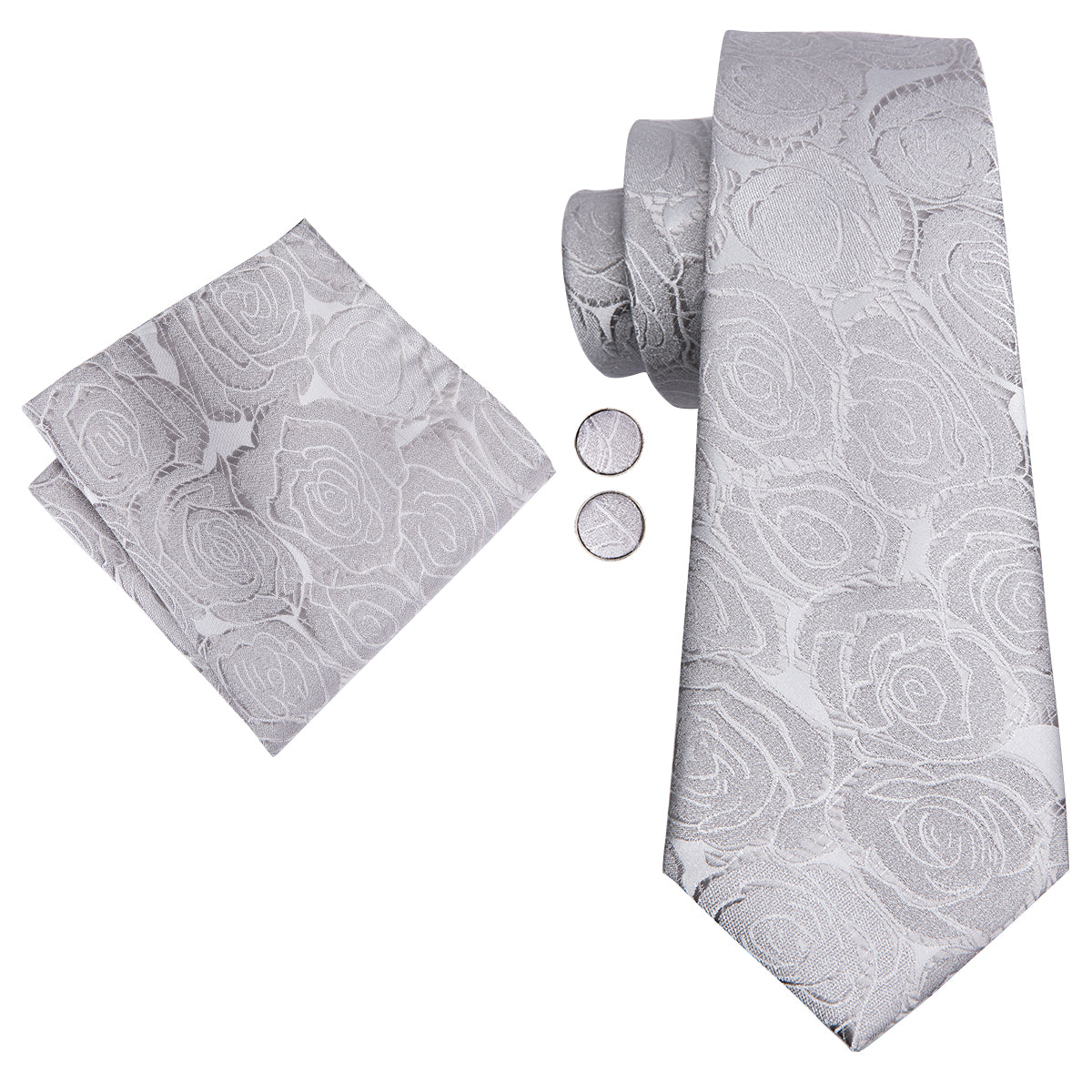  Roses Floral Necktie White Grey Tie Pocket Square Cufflinks Set