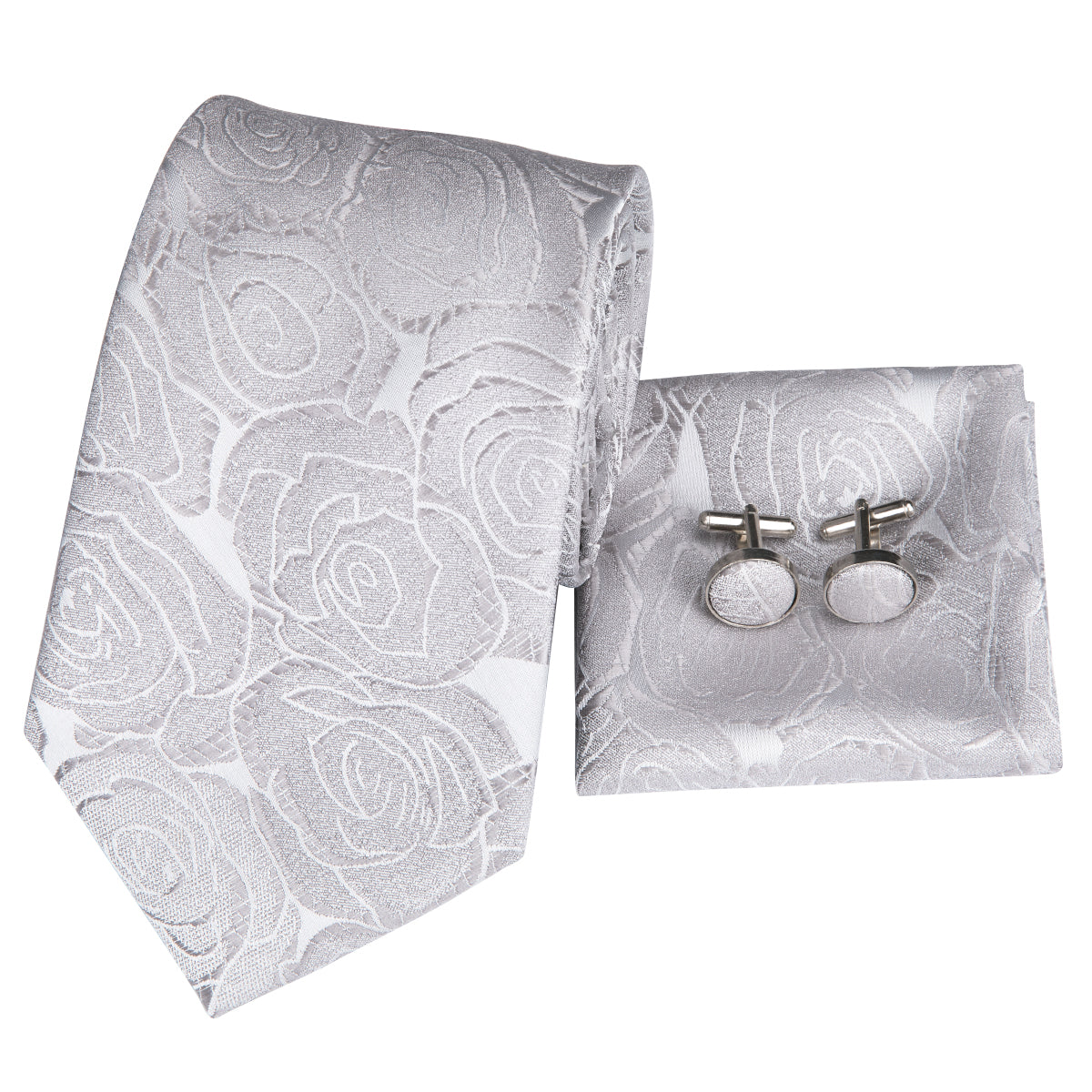  Roses Floral Necktie White Grey Tie Pocket Square Cufflinks Set