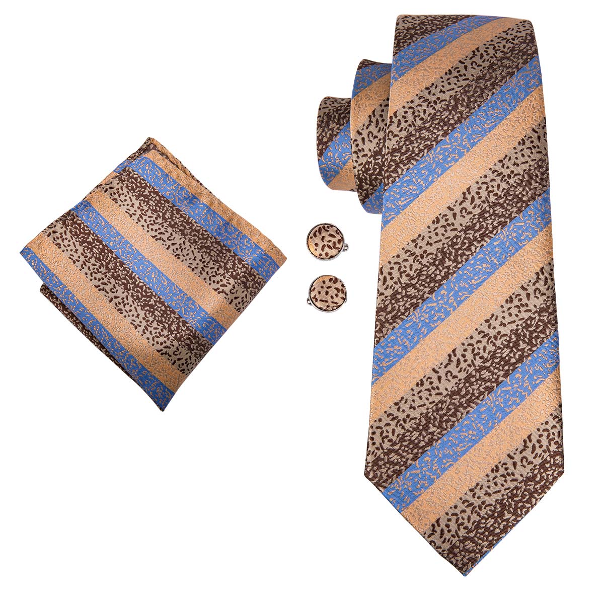 Sand Yellows Tie Blue Stripes Tie Pocket Square Cufflinks Set