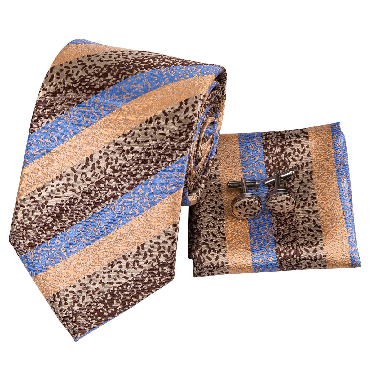 Sand Yellows Tie Blue Stripes Tie Pocket Square Cufflinks Set