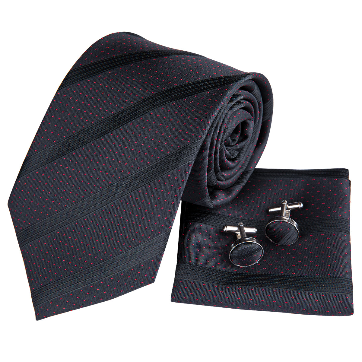 Black Red Polka Dot Necktie Pocket Square Cufflinks Set
