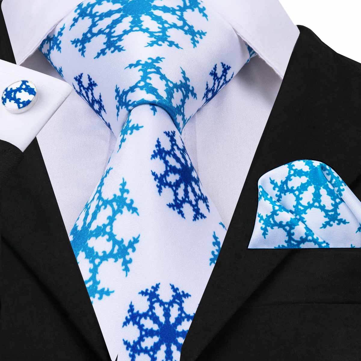 Men's White Tie Blue SnowFlake Tie Pocket Square Cufflinks Set