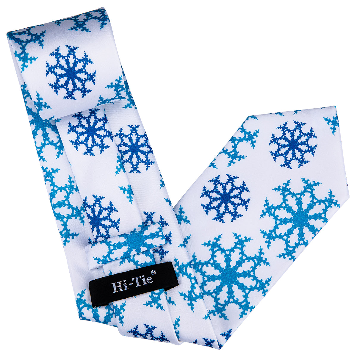 Men's White Tie Blue SnowFlake Tie Pocket Square Cufflinks Set