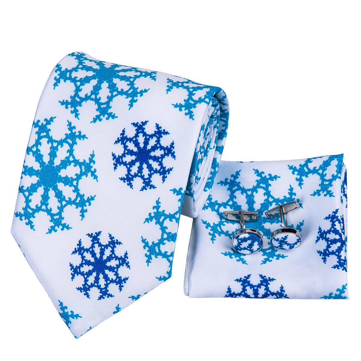 Men's White Tie Blue SnowFlake Tie Pocket Square Cufflinks Set