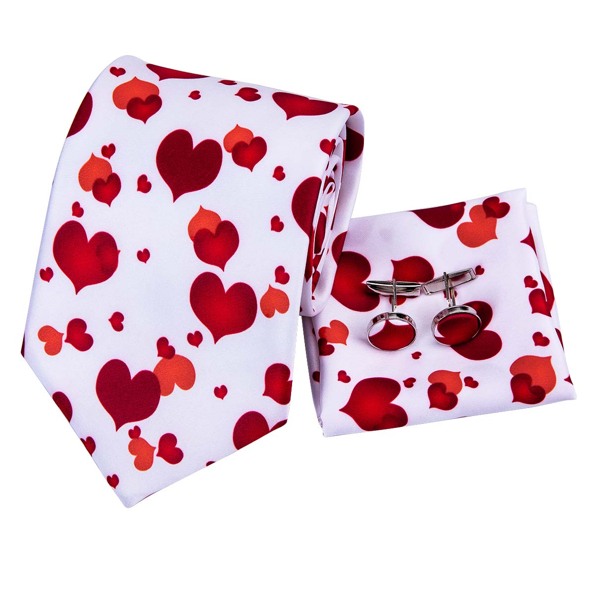 Lovely Heart Tie Pocket Square Cufflinks Set silk tie