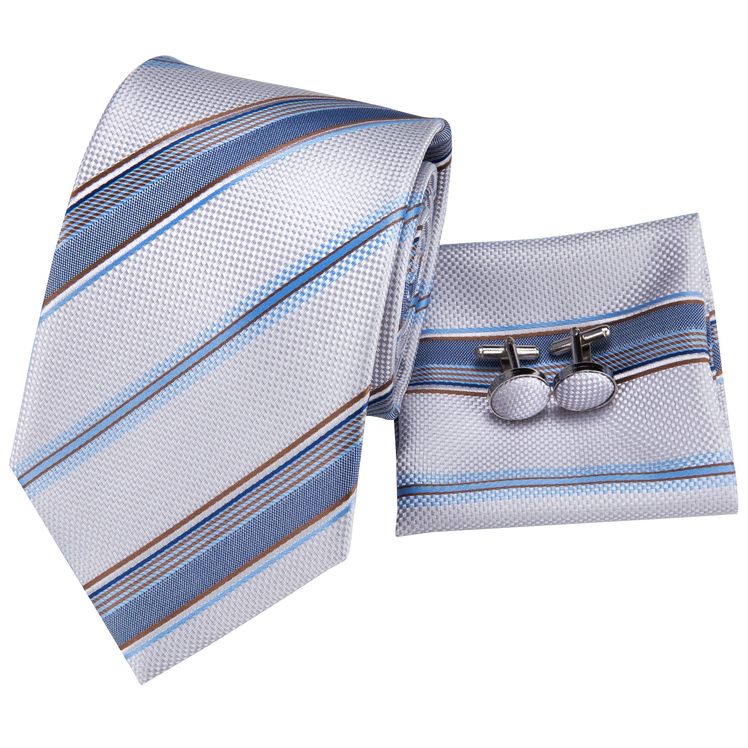 White Light Blue Striped Men's Tie Pocket Square Cufflinks Set