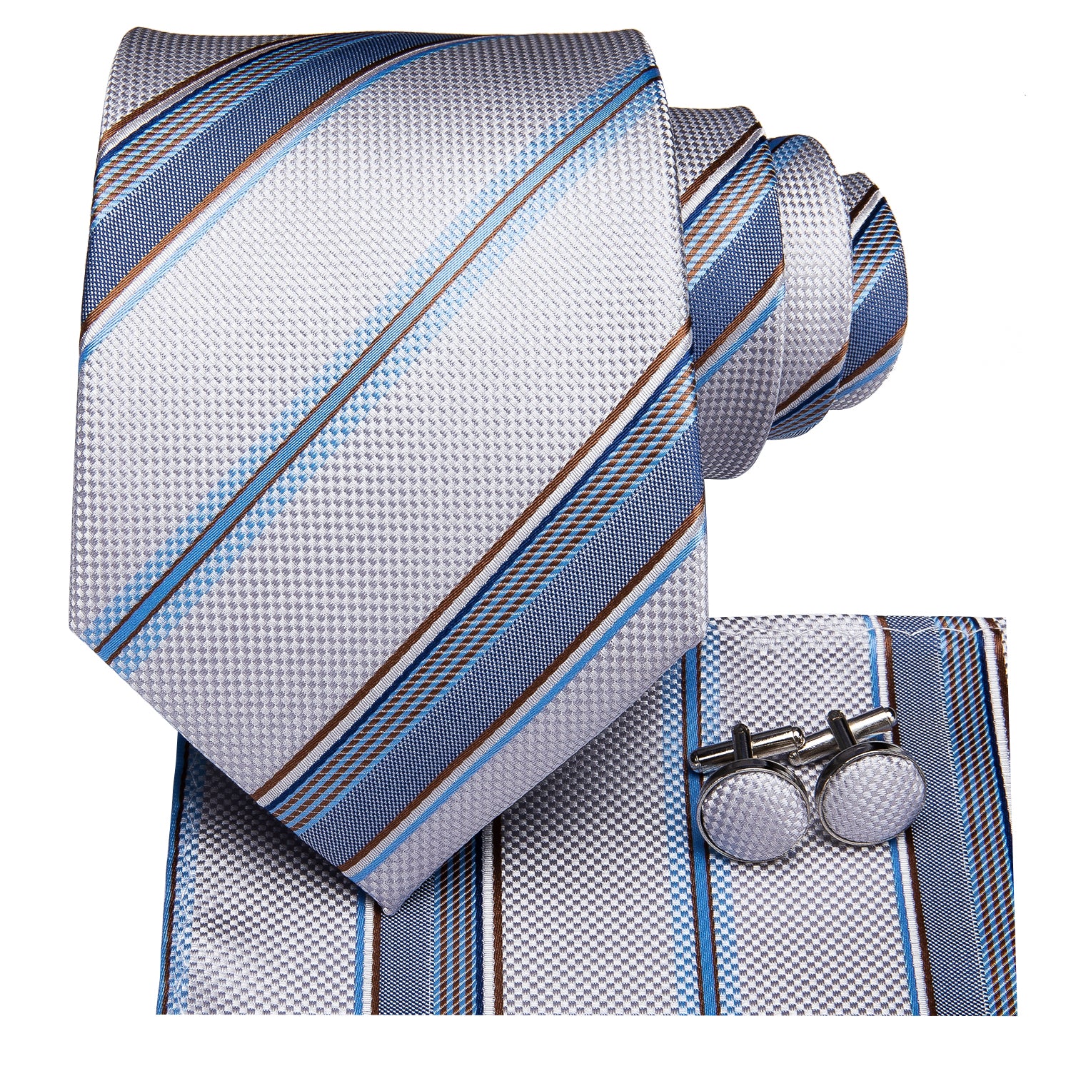 White Light Blue Striped Men's Tie Pocket Square Cufflinks Set