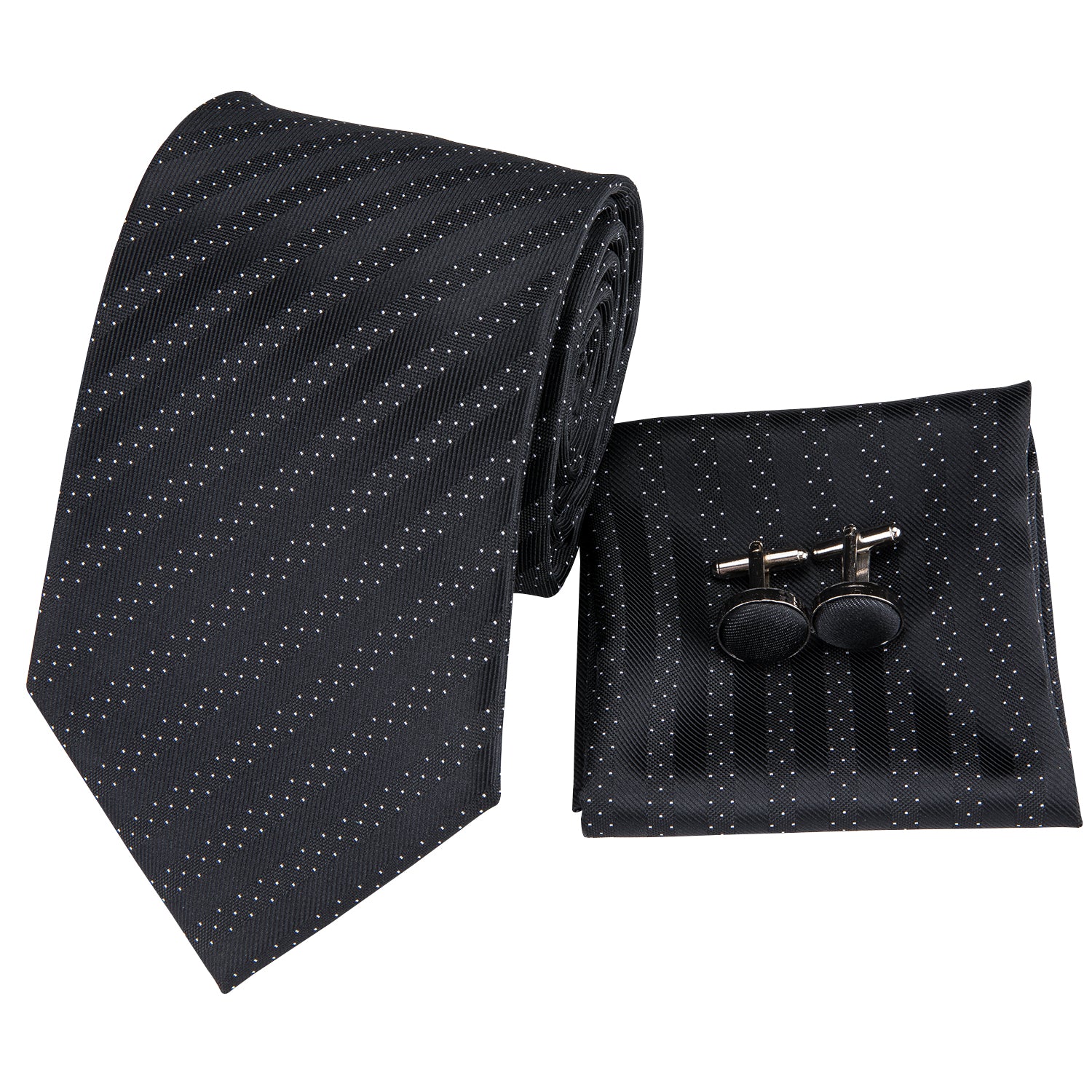 Black Polka Dot Striped Men's Tie Pocket Square Cufflinks Set