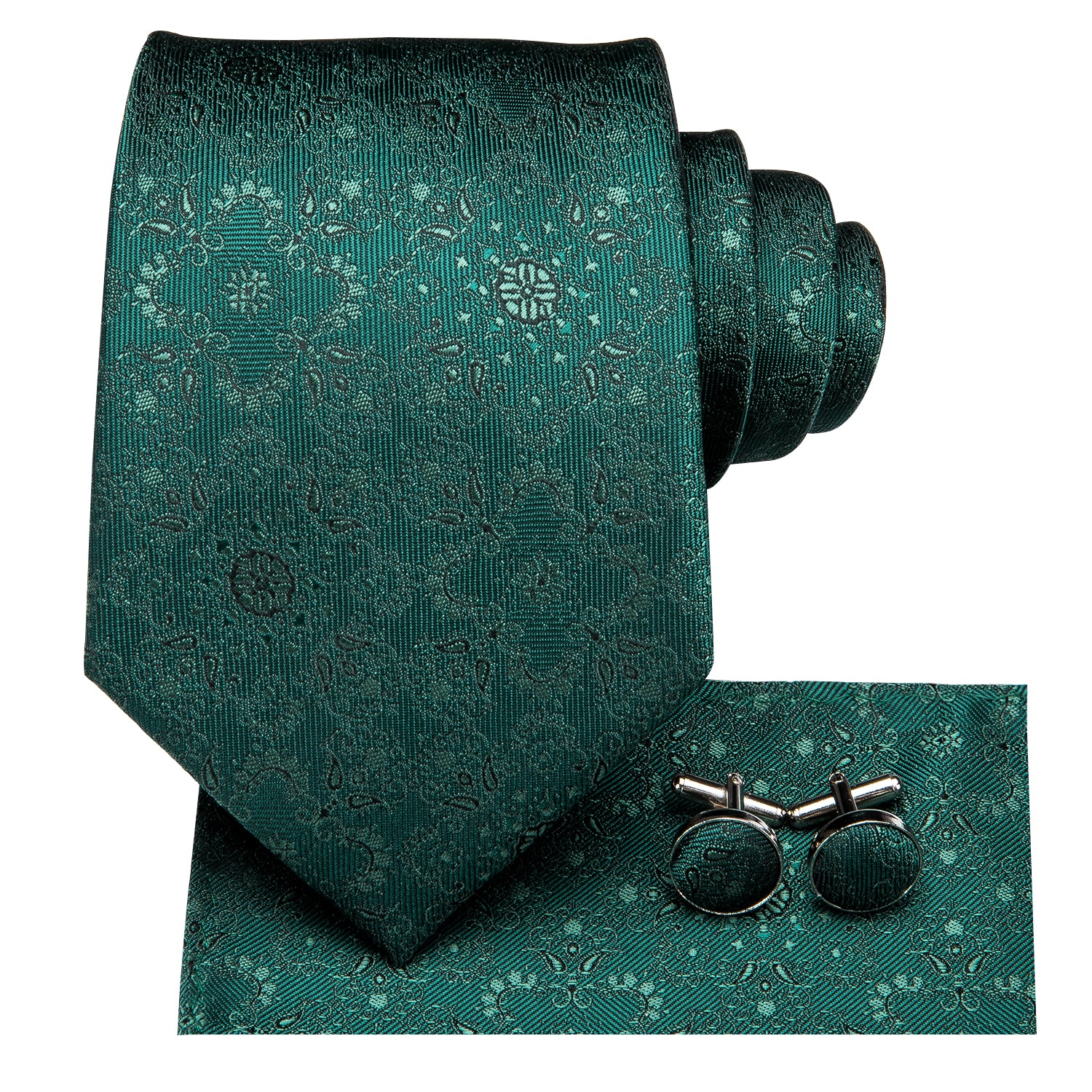 Hi-Tie Dark Green Floral Men's Wedding Tie Pocket Square Cufflinks Set