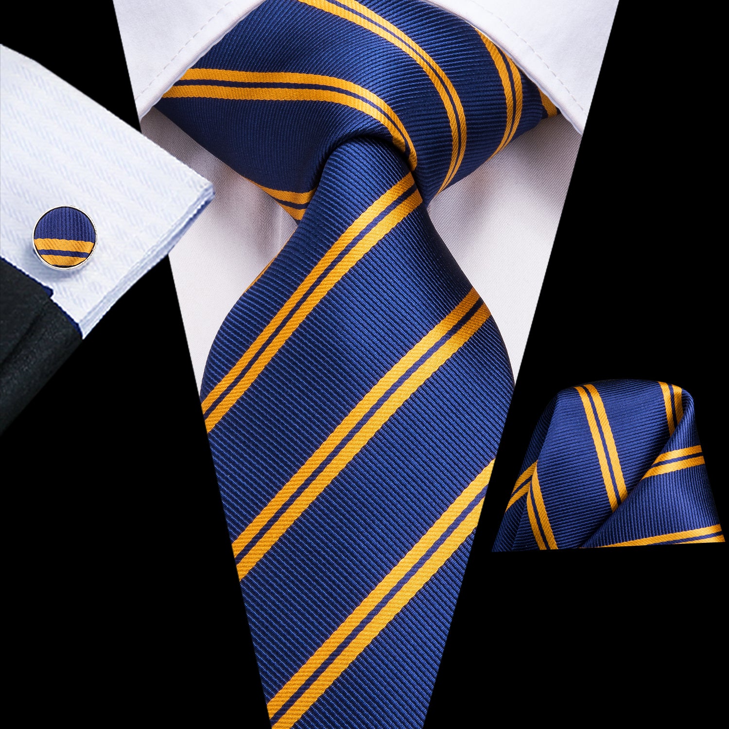 Shining Blue Yellow Striped Necktie Pocket Square Cufflinks Set