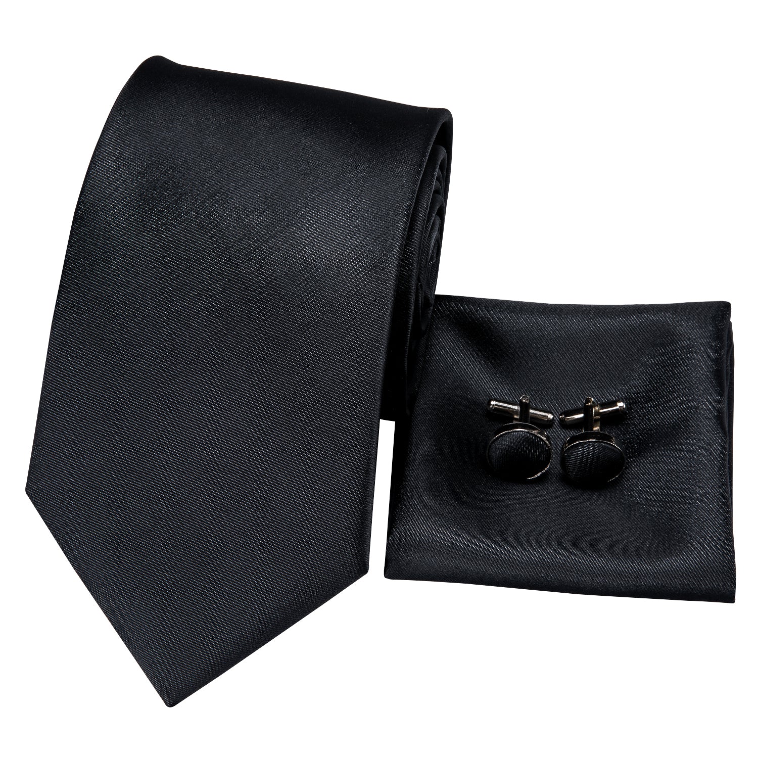  Black Wedding Necktie Solid Men Tie Pocket Square Cufflinks Set