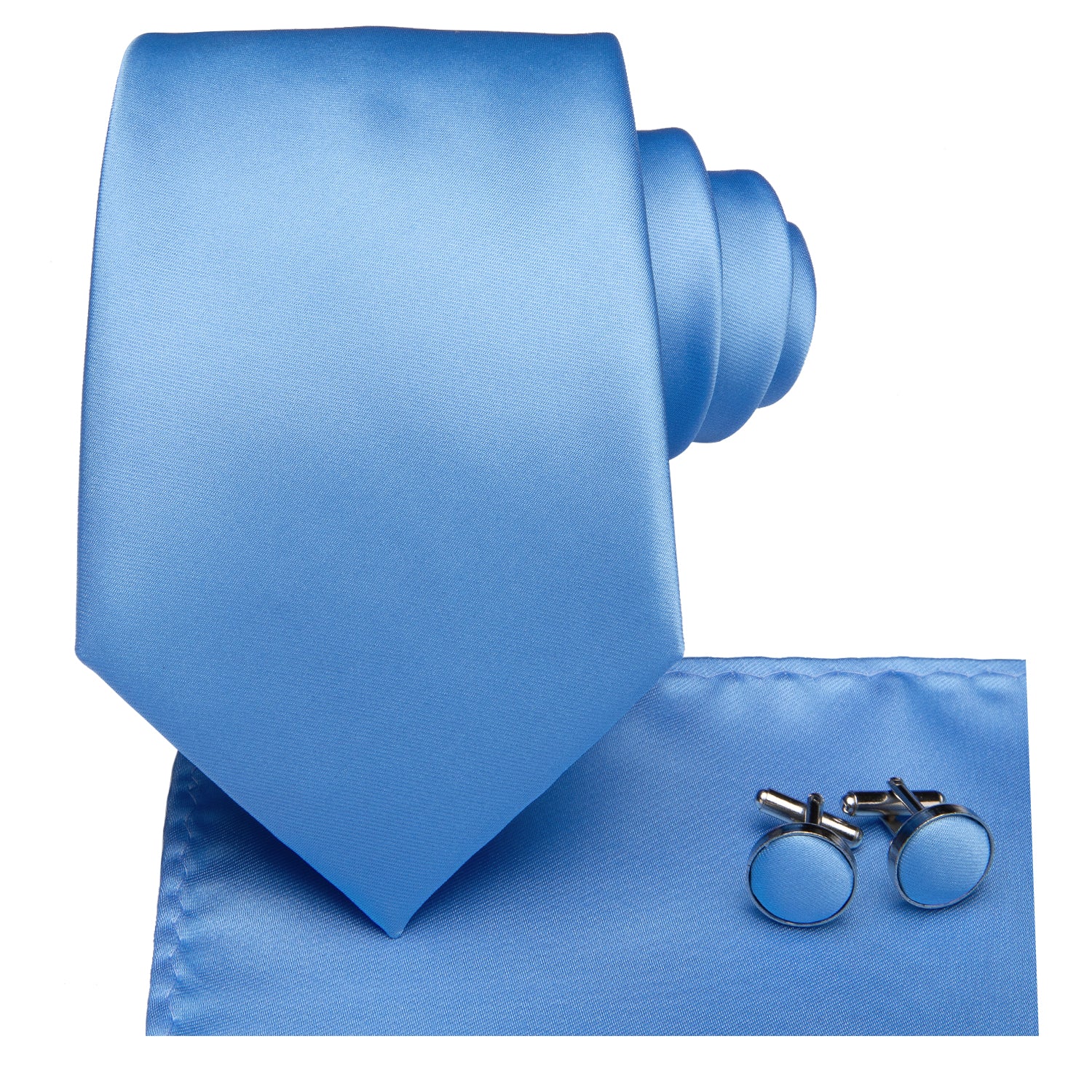 Baby Blue Plain Silk Necktie Pocket Square Cufflinks Set