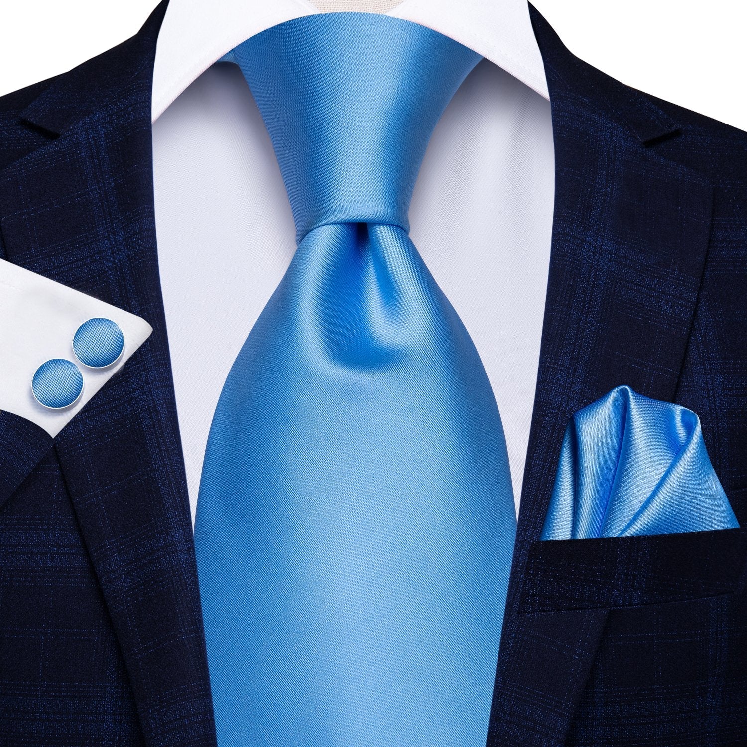 Light Baby Blue Plain Silk Necktie Pocket Square Cufflinks Set