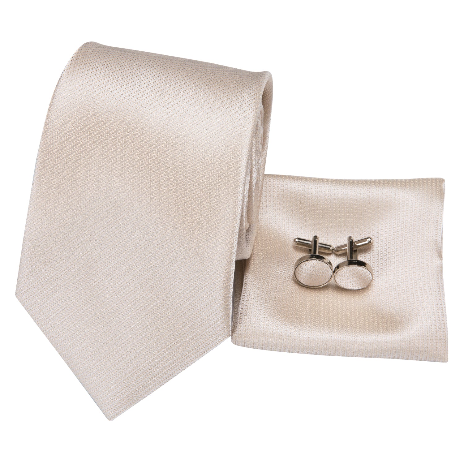  Silk Ties Ivory Beige Solid Necktie Pocket Square Cufflinks Set