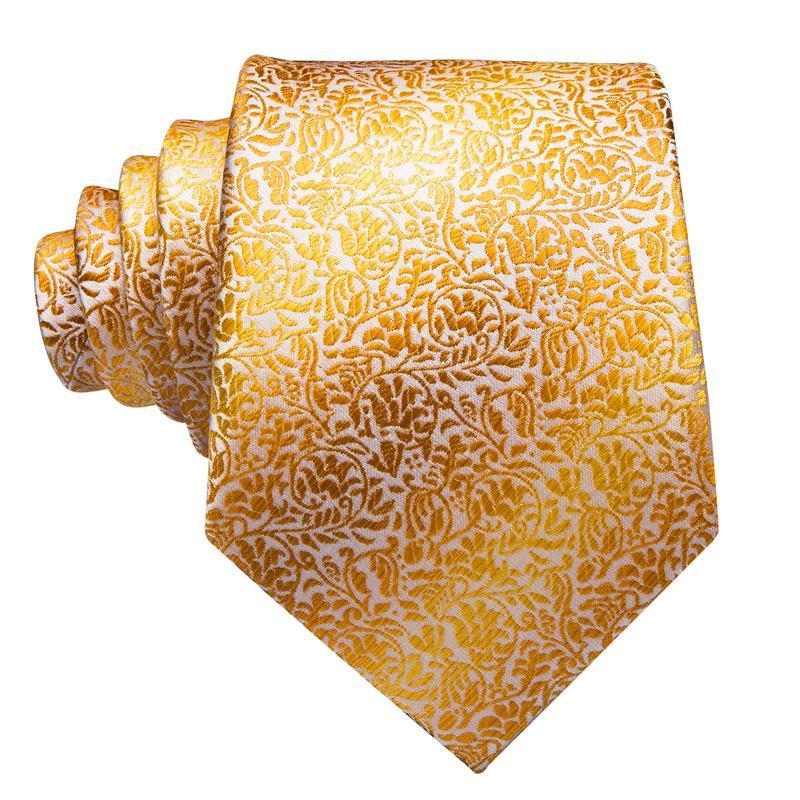  Men's Gold Tie Leaves Jacquard Tie Handkerchief Cufflinks Set