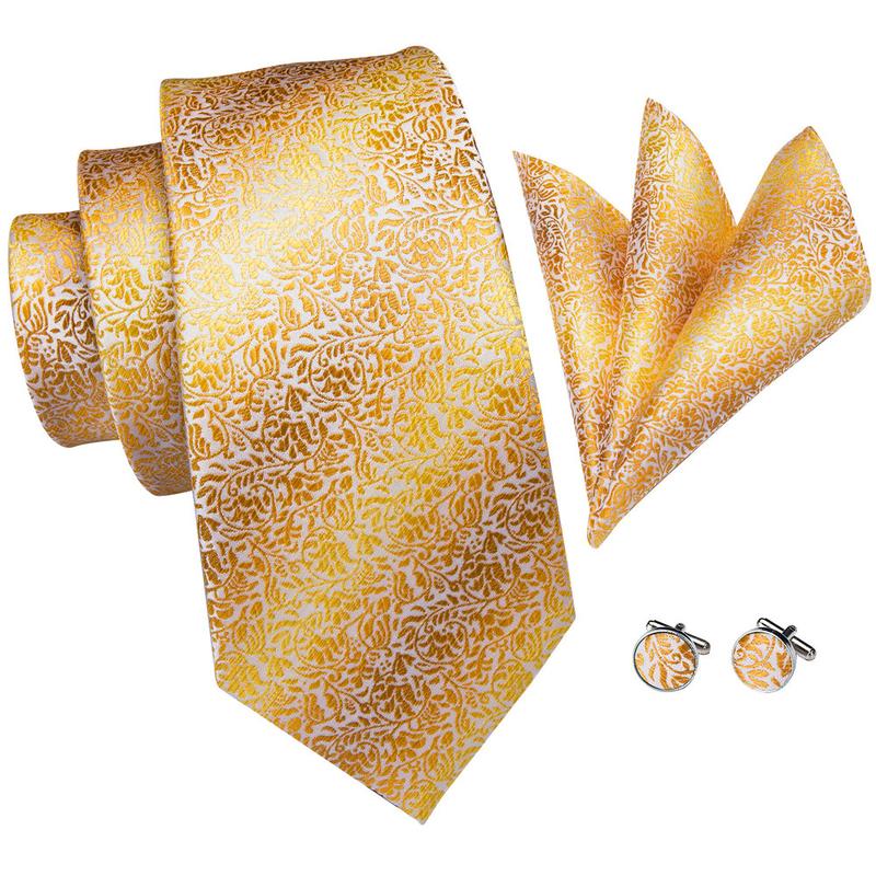  Men's Gold Tie Leaves Jacquard Tie Handkerchief Cufflinks Set