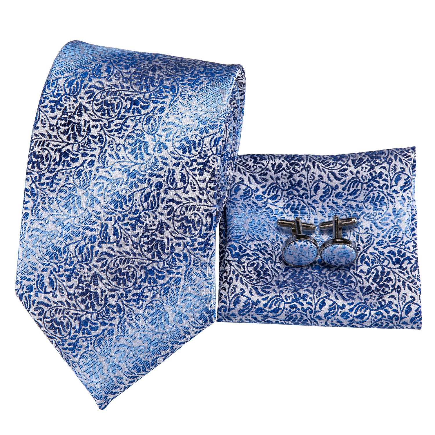 Light Blue Tie Floral Necktie Pocket Square Cufflinks Sets