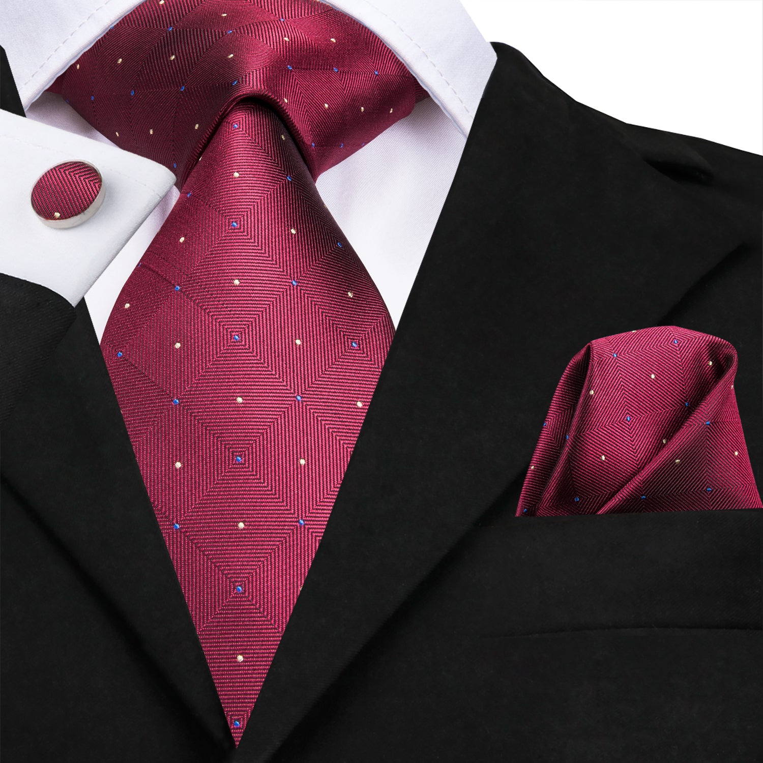  Wine Red Ties Plaid Necktie Pocket Square Cufflinks Set