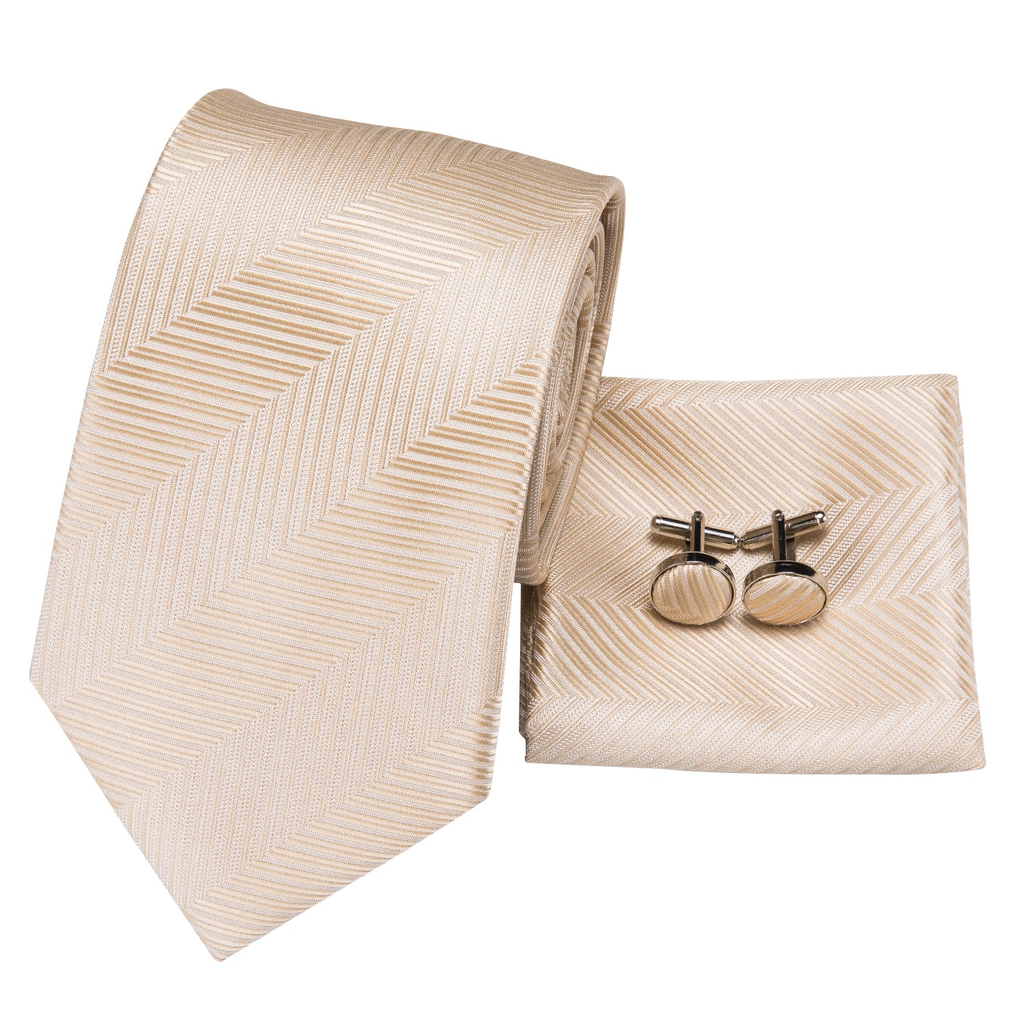 Champagne Necktie Beige Striped Tie Pocket Square Cufflinks Set