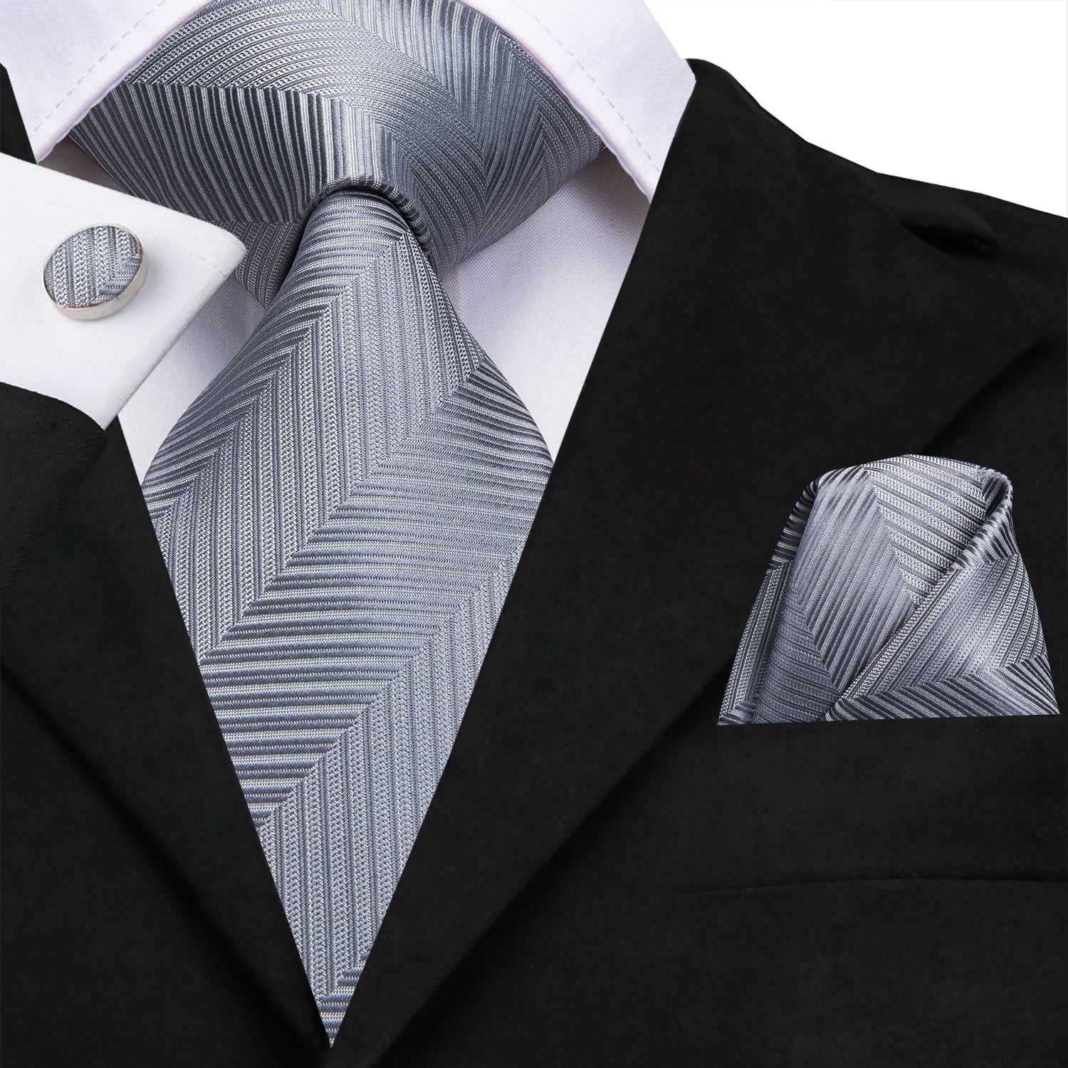 Essential Dark Grey Striped Necktie Pocket Square Cufflinks Set