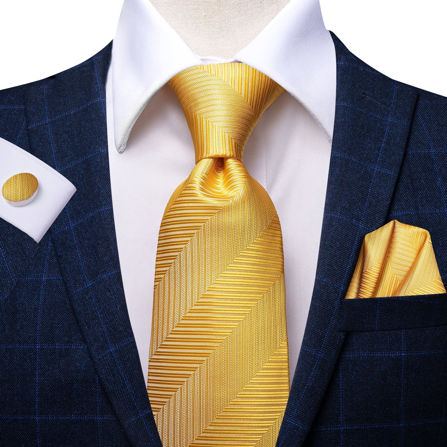 Yellow Color Striped Tie Handkerchief Cufflinks Set