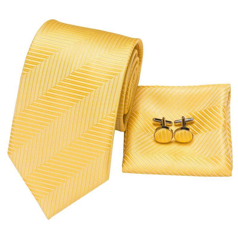  Men Necktie Yellow Color Striped Tie Handkerchief Cufflinks Set