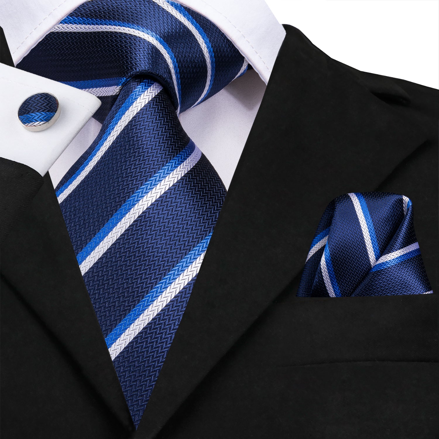 Royal Blue Necktie Pocket Square Cufflinks Set