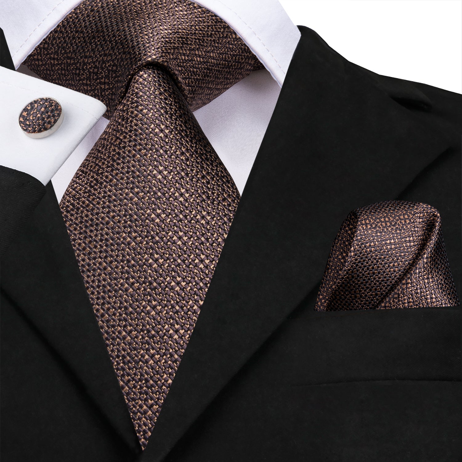 Men's Must-Have Brown Solid Tie Pocket Square Cufflinks Set