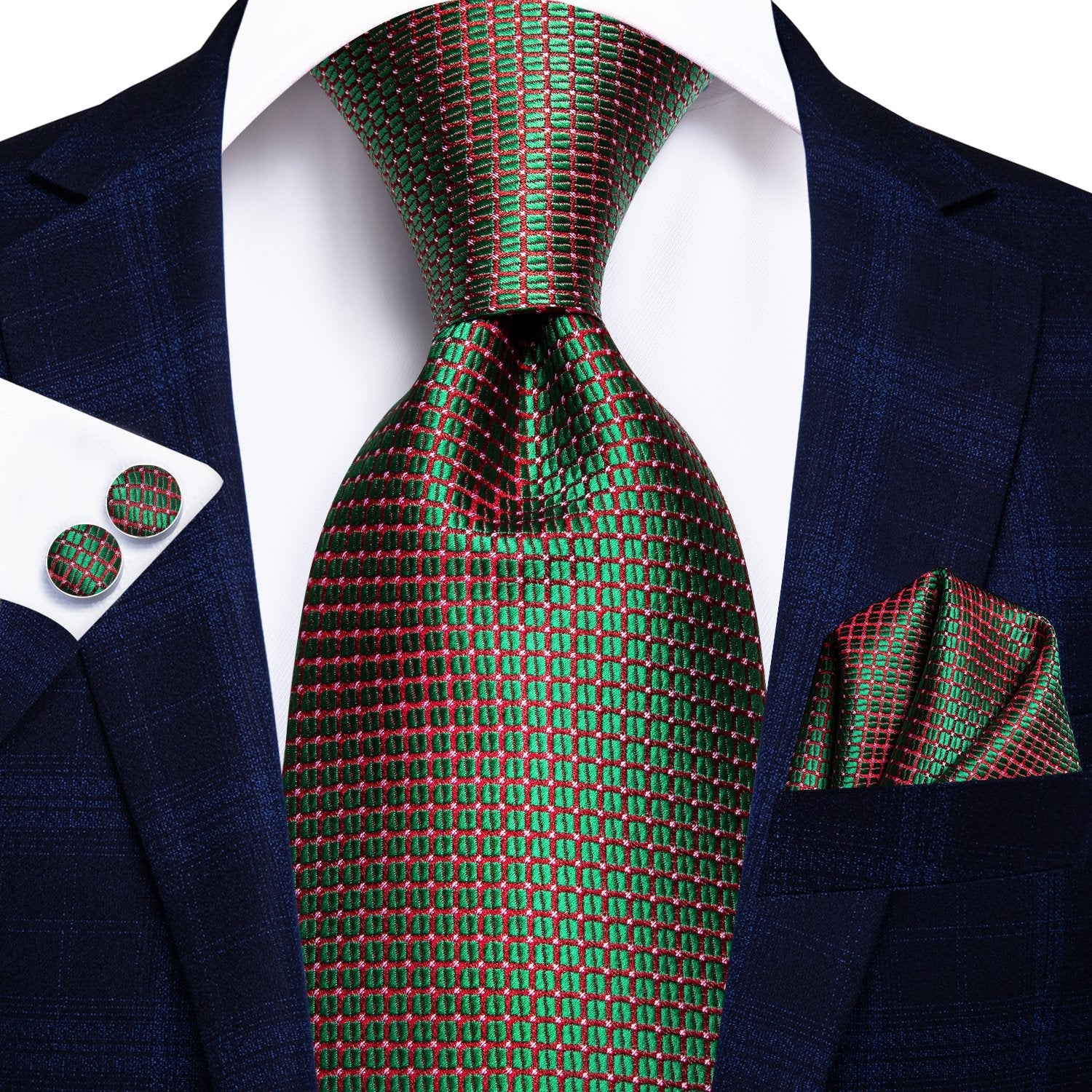  Green Tie Shining Green Plaid Tie Pocket Square Cufflinks Set