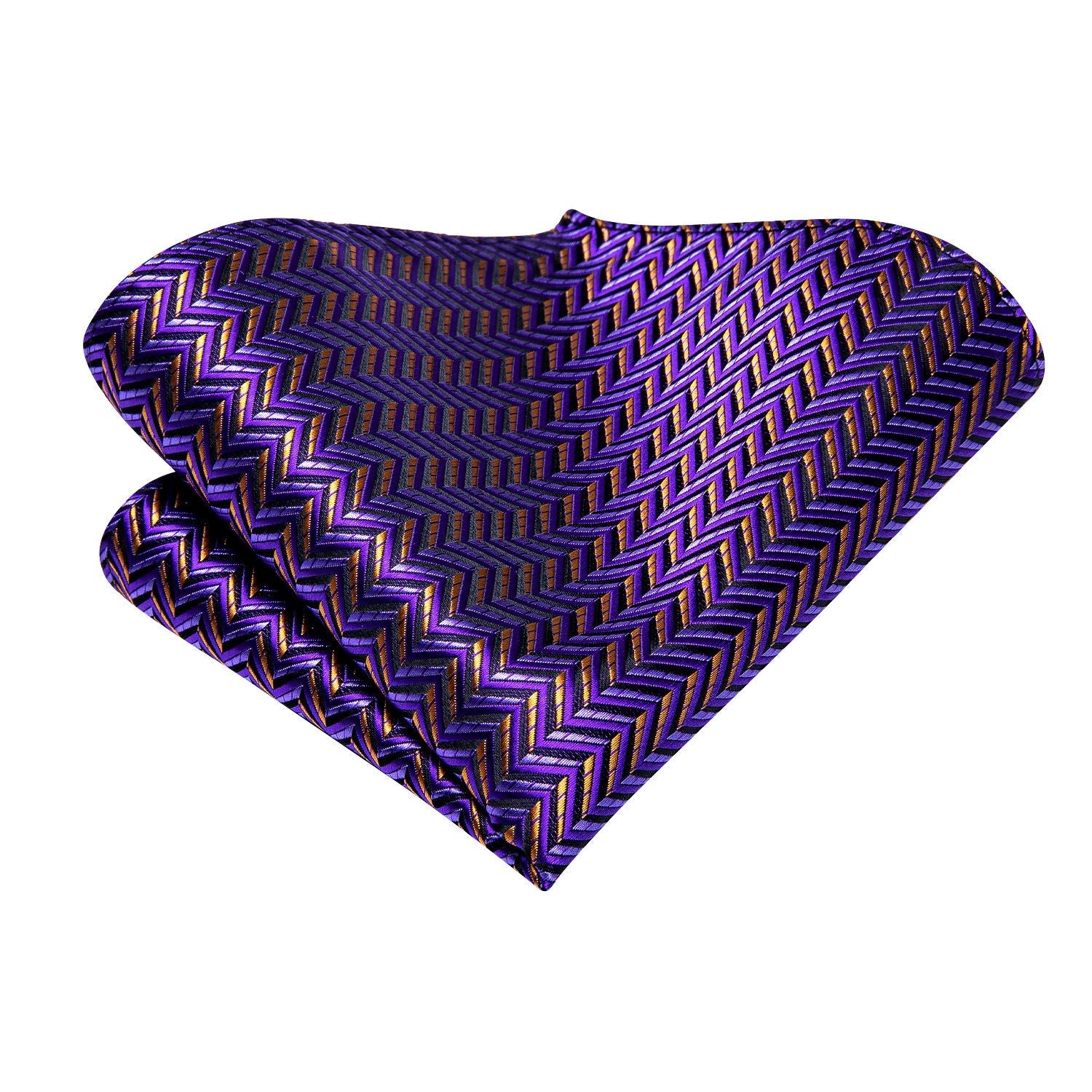 Purple Golden Striped Tie Handkerchief Cufflinks Set with Wedding Brooch