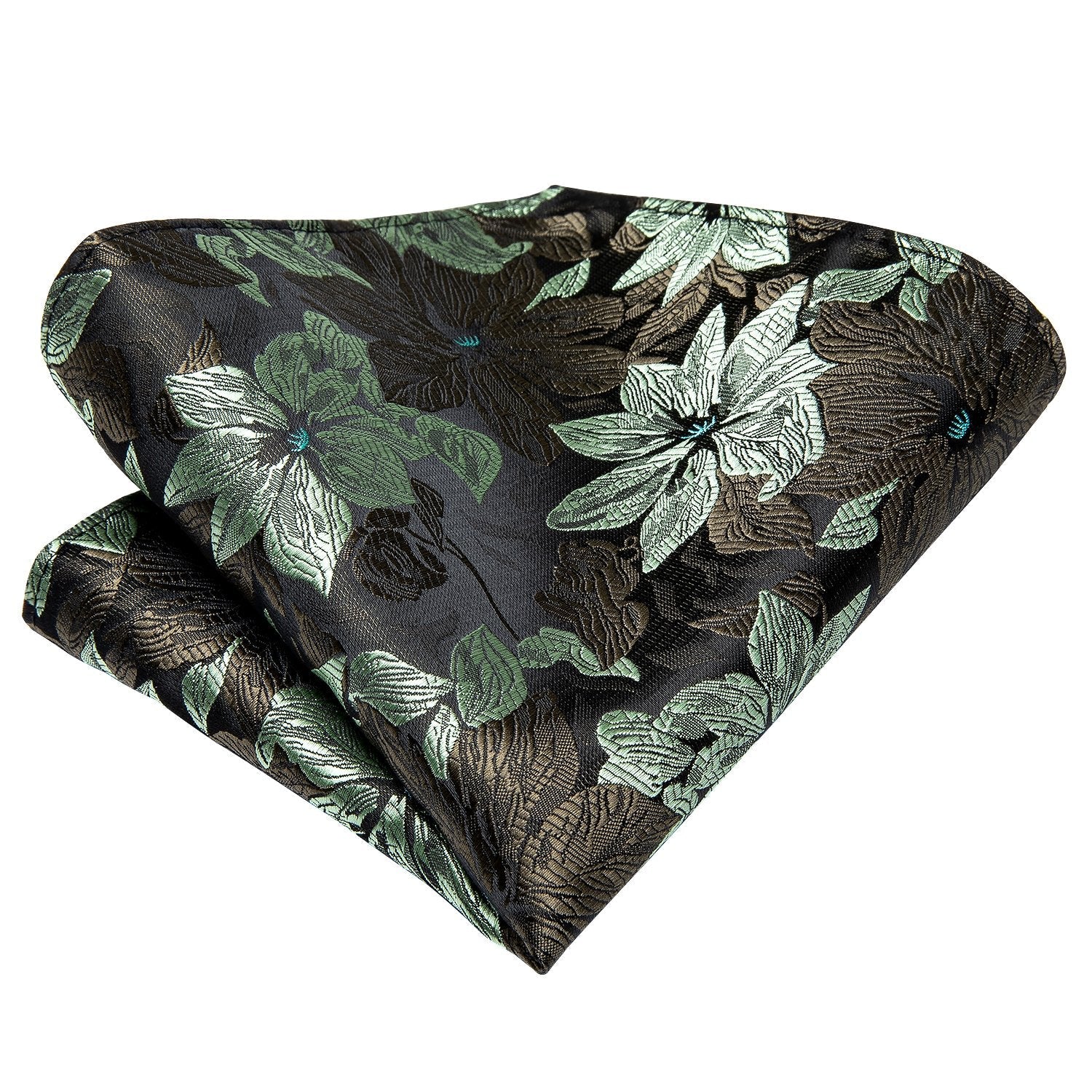 Necktie Black Green Floral Men Tie Pocket Square Cufflinks Set