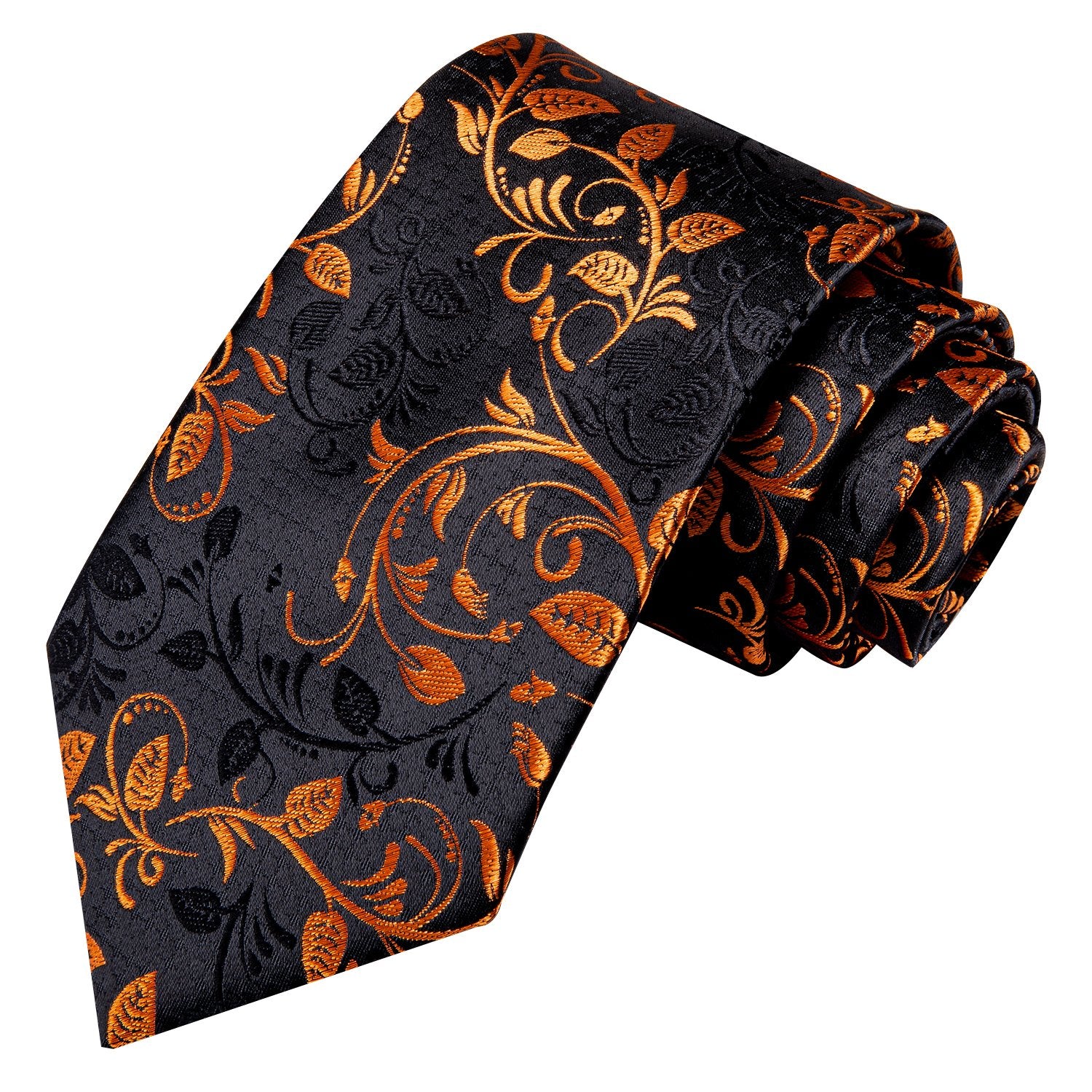 Hi-Tie Black Golden Floral Tie Pocket Square Cufflinks Set