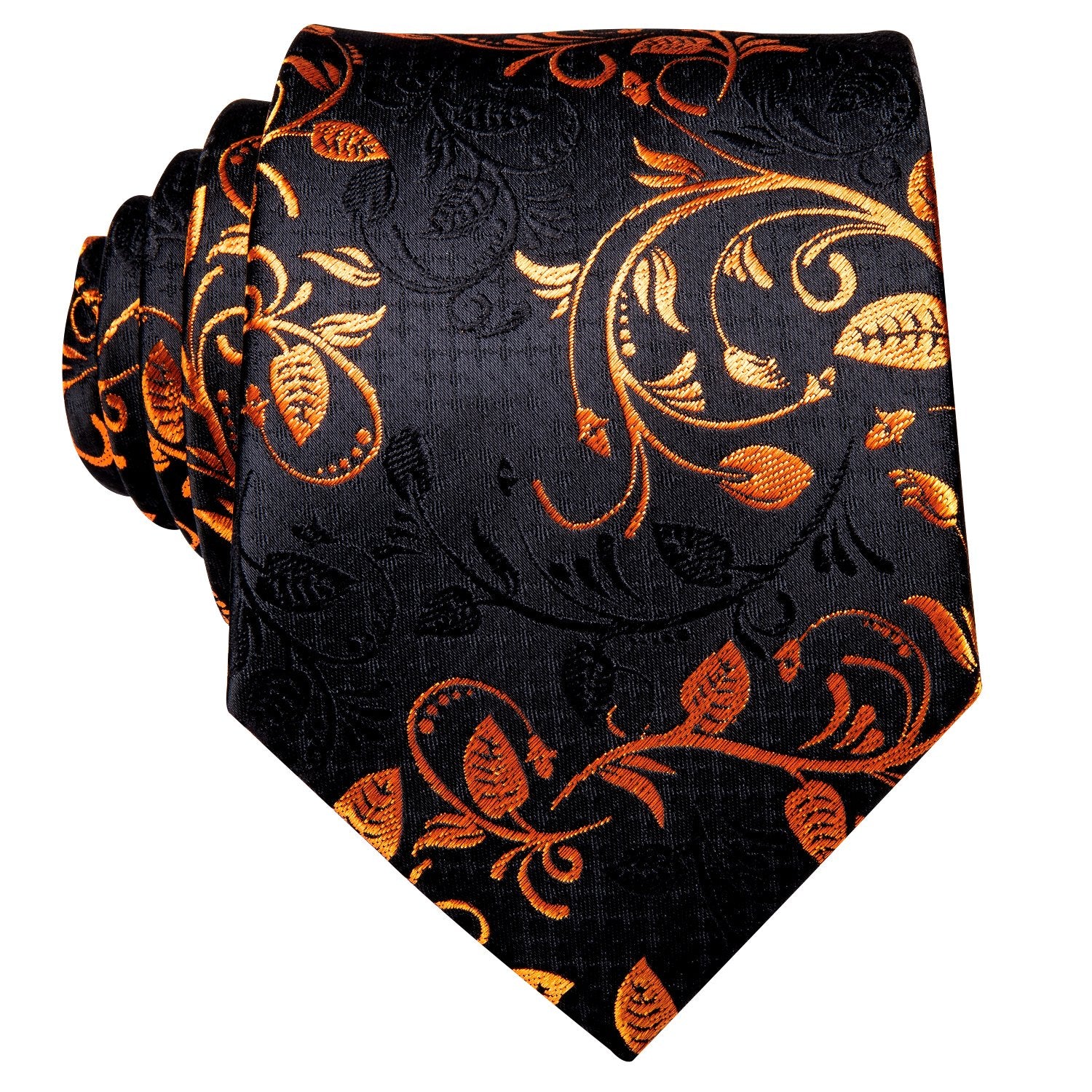 Hi-Tie Black Golden Floral Tie Pocket Square Cufflinks Set