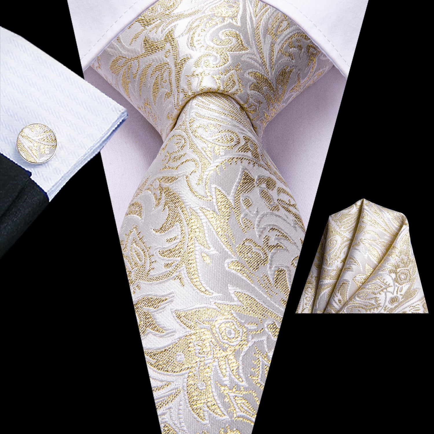 White Yellow Floral Tie Pocket Square Cufflinks Set with Wedding Brooch