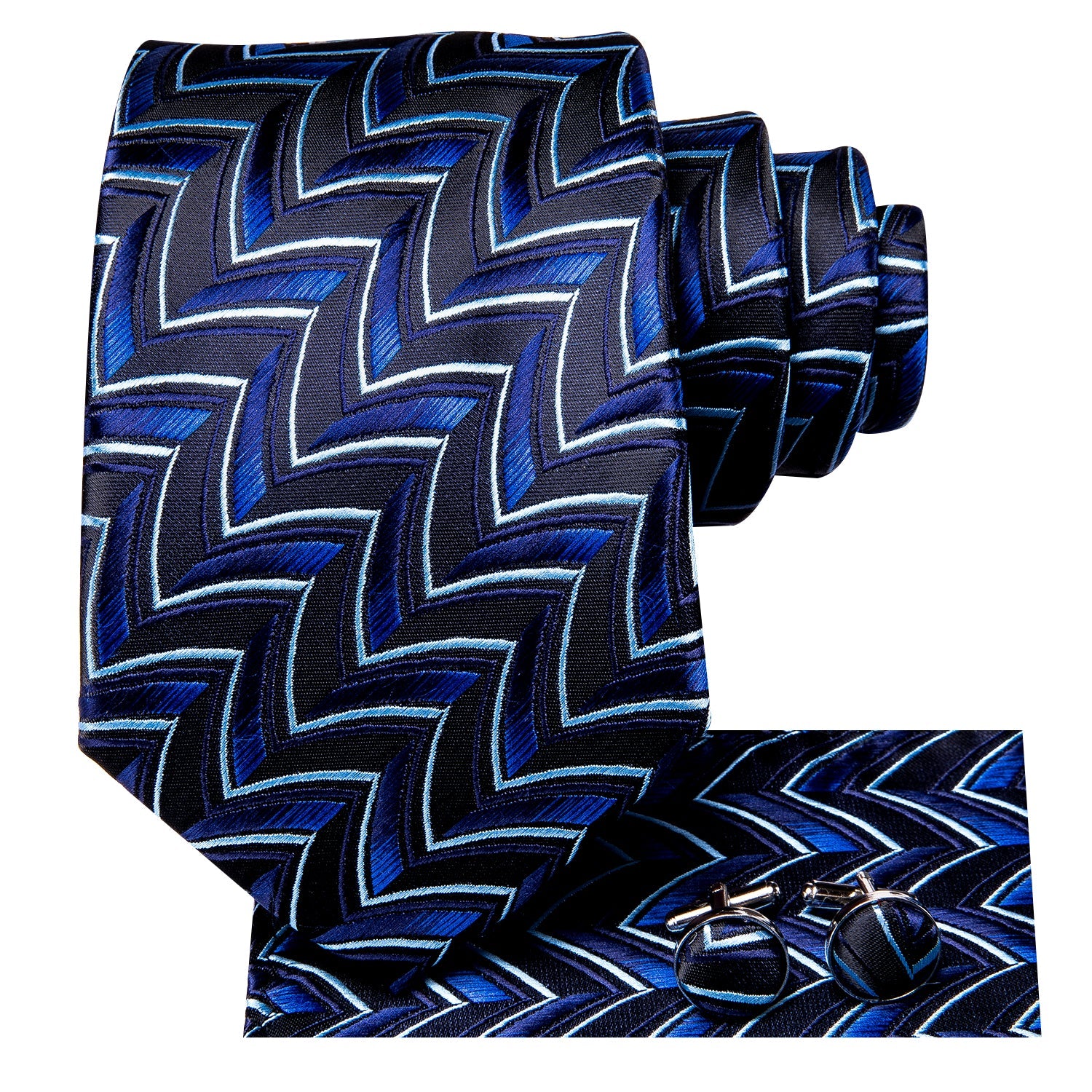 Hi-Tie Blue Striped Novelty Tie Pocket Square Cufflinks Set with Wedding Brooch