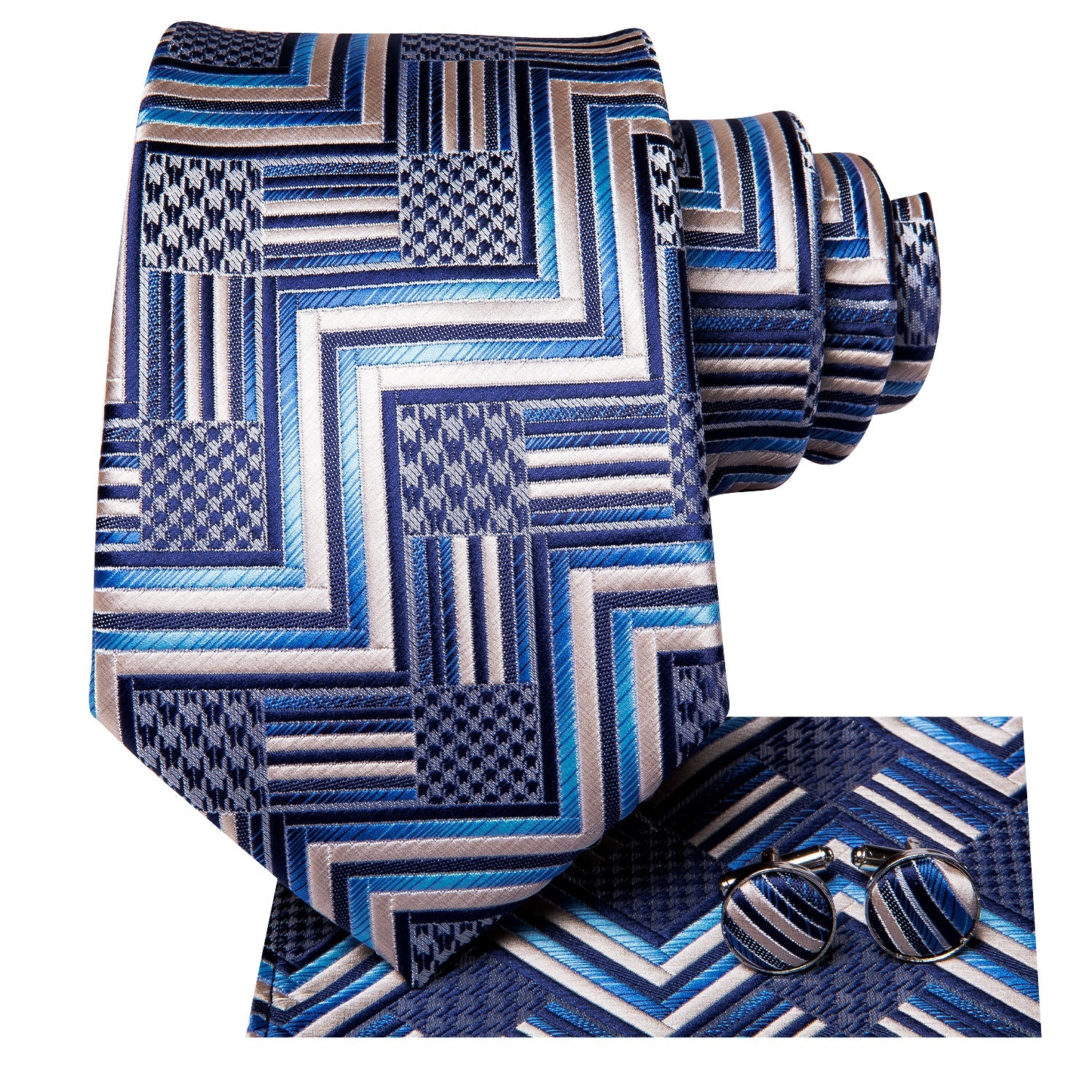 Khaki Blue Plaid Tie Pocket Square Cufflinks Set with Wedding Brooch