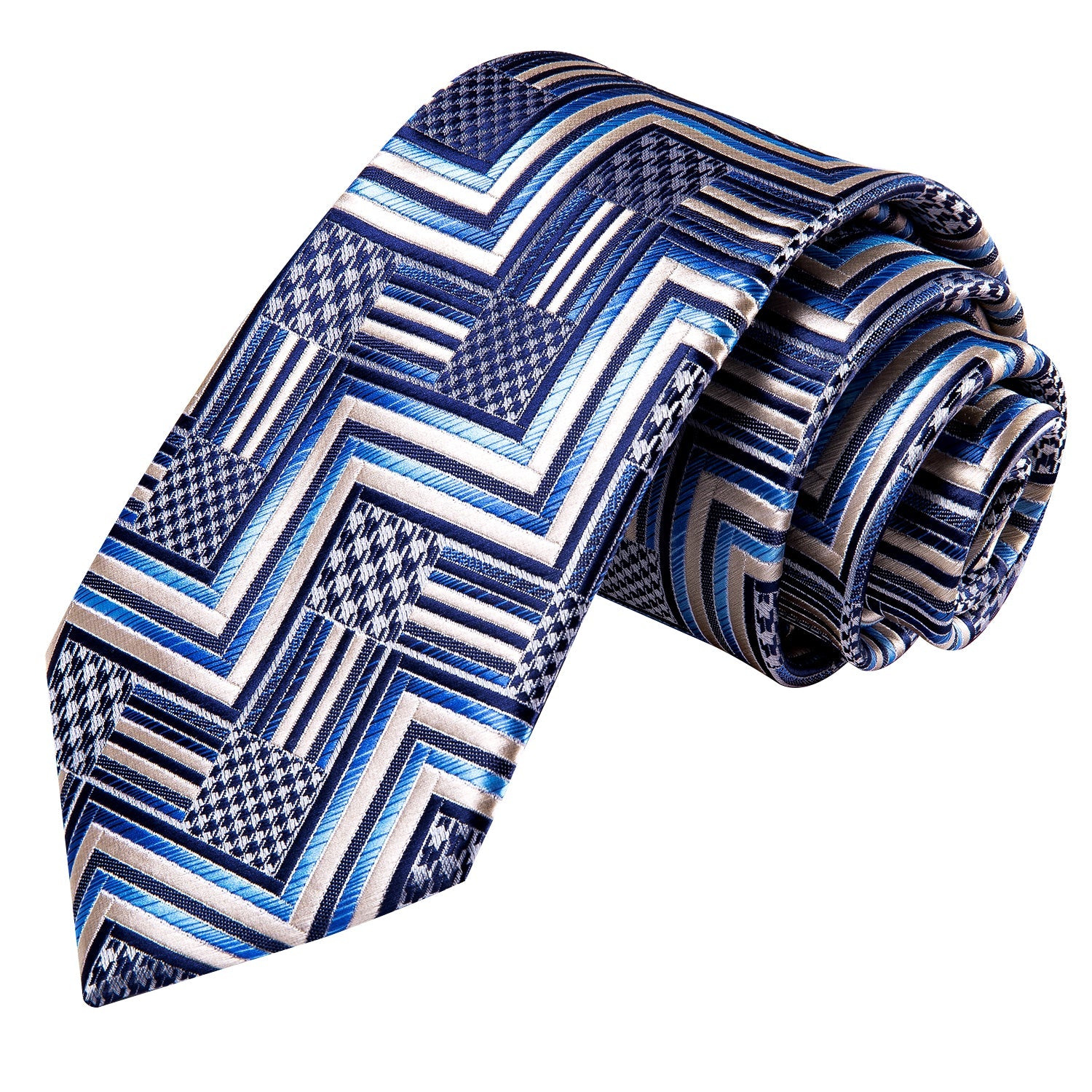 Khaki Blue Plaid Tie Pocket Square Cufflinks Set with Wedding Brooch