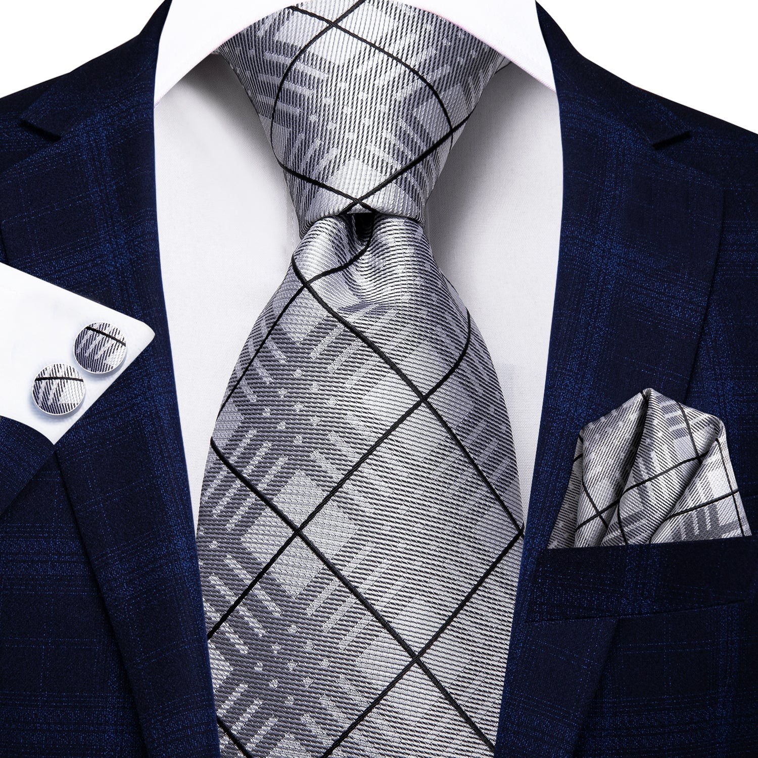 Grey Black Plaid Tie Handkerchief Cufflinks Set with Wedding Brooch