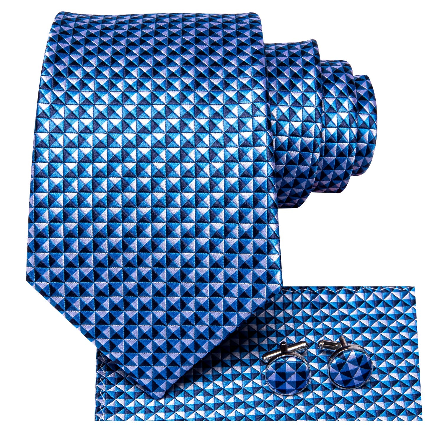 White Blue Plaid Tie Pocket Square Cufflinks Set with Wedding Brooch