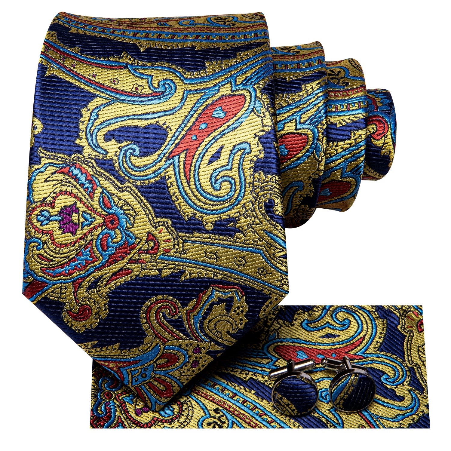 Blue Yellow Floral Tie Handkerchief Cufflinks Set with Wedding Brooch