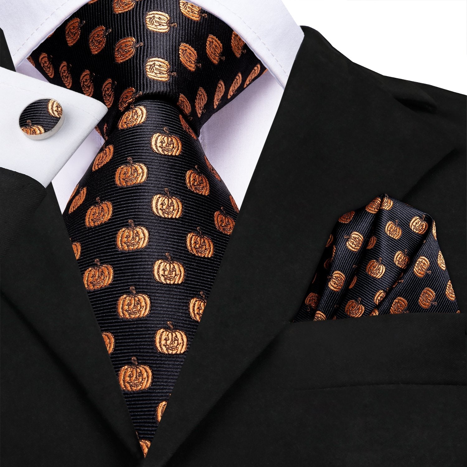 Black Golden Smiley face Tie Pocket Square Cufflinks Set with Wedding Brooch