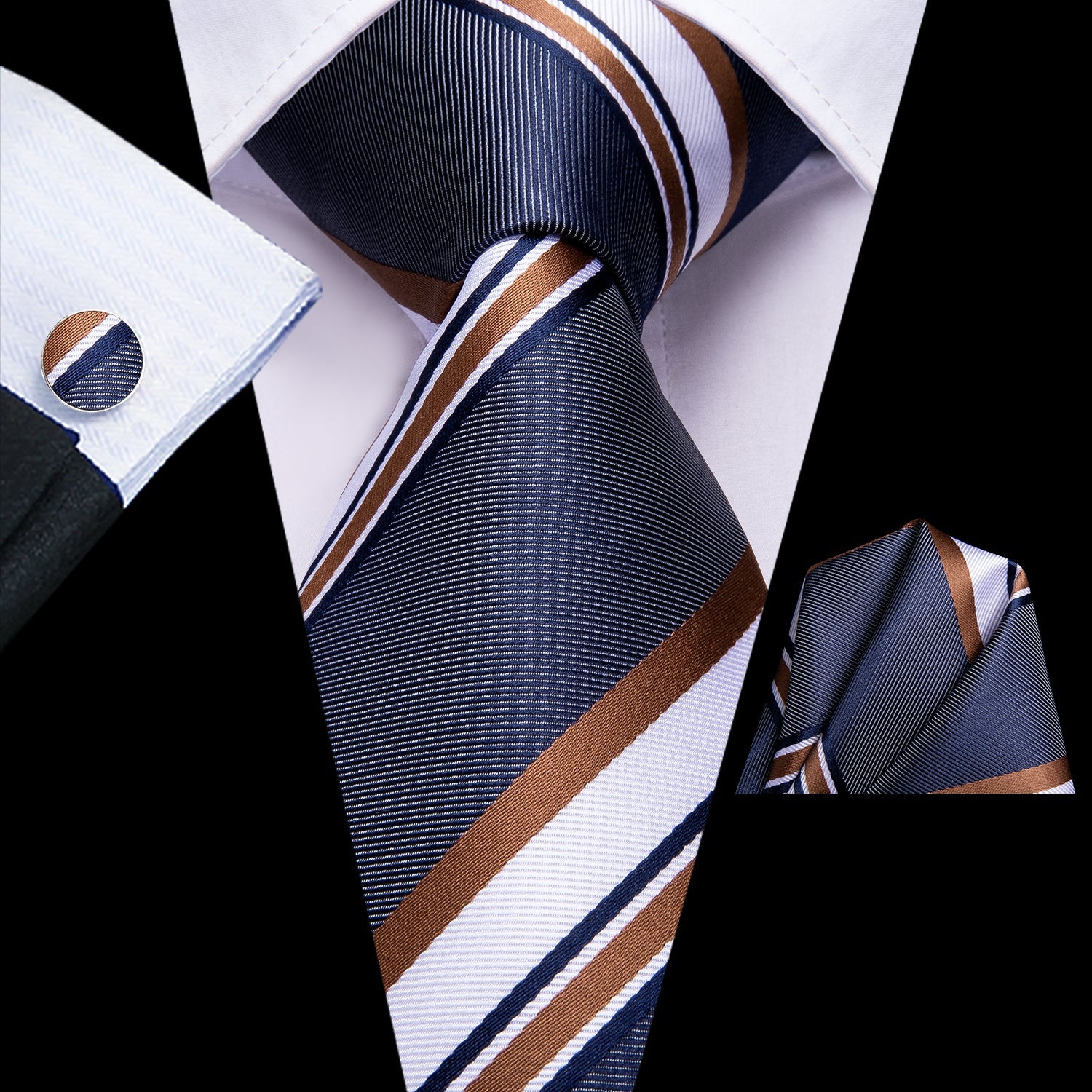 Hi-Tie Blue Brown White Striped Tie Handkerchief Cufflinks Set with Wedding Brooch