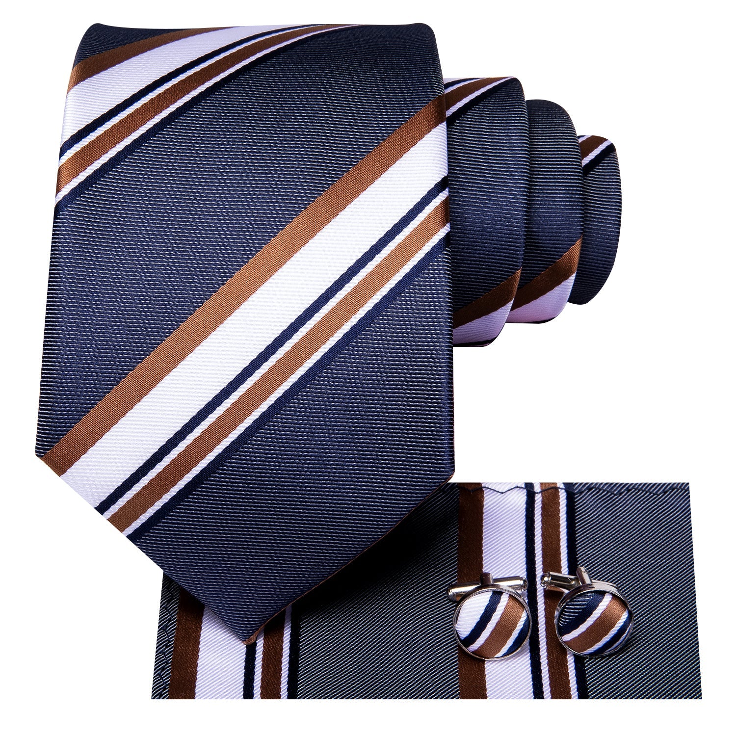 Hi-Tie Blue Brown White Striped Tie Handkerchief Cufflinks Set with Wedding Brooch