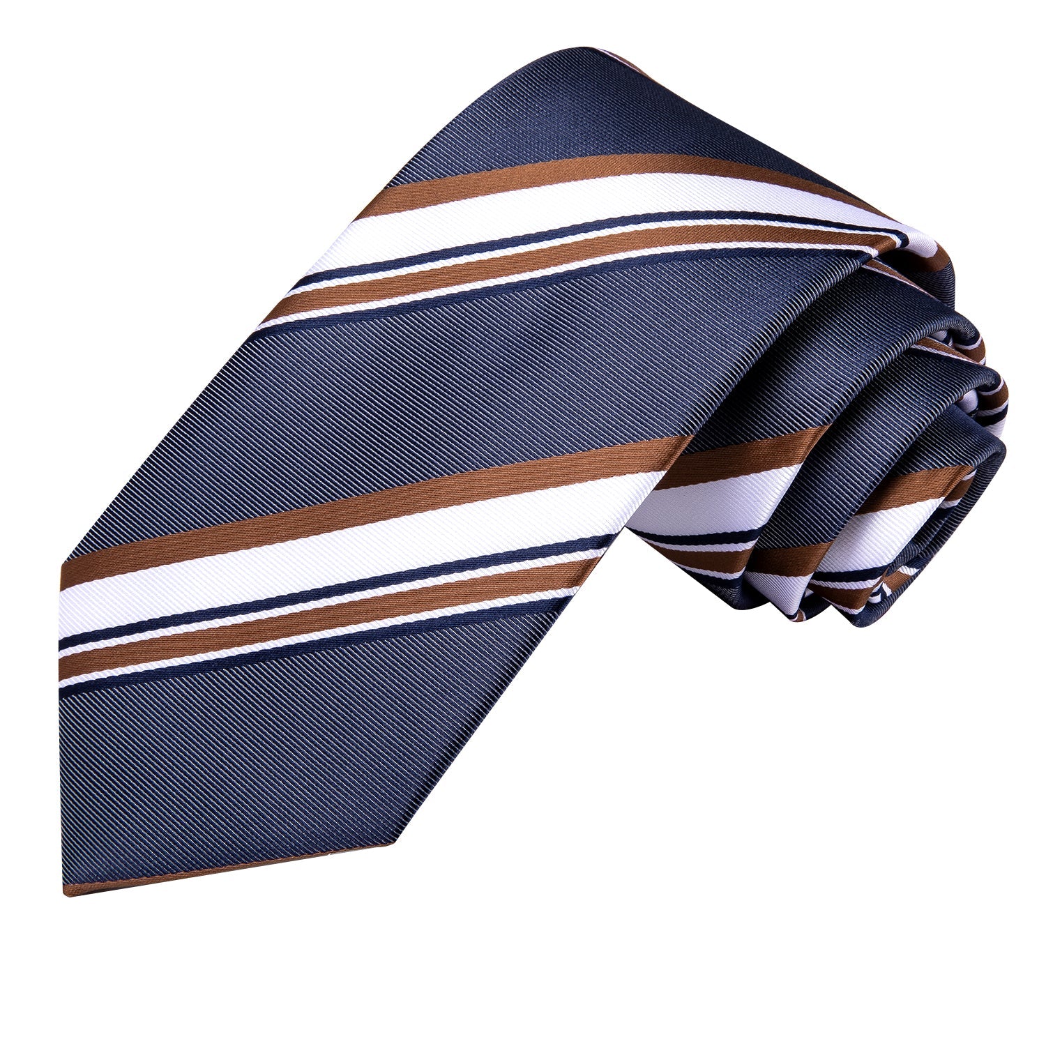 Hi-Tie Blue Brown White Striped Tie Handkerchief Cufflinks Set with Wedding Brooch