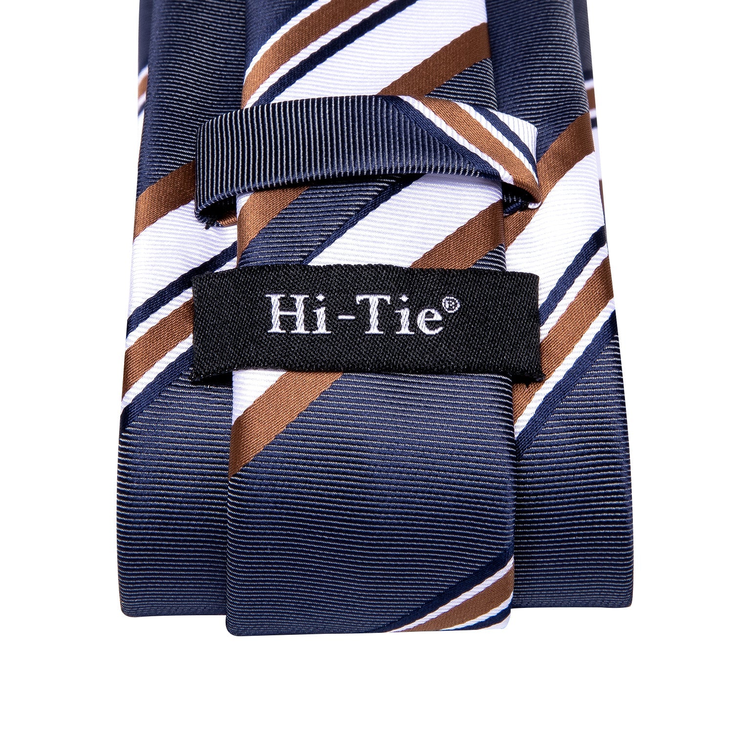 Hi-Tie Blue Brown White Striped Tie Handkerchief Cufflinks Set with Wedding Brooch