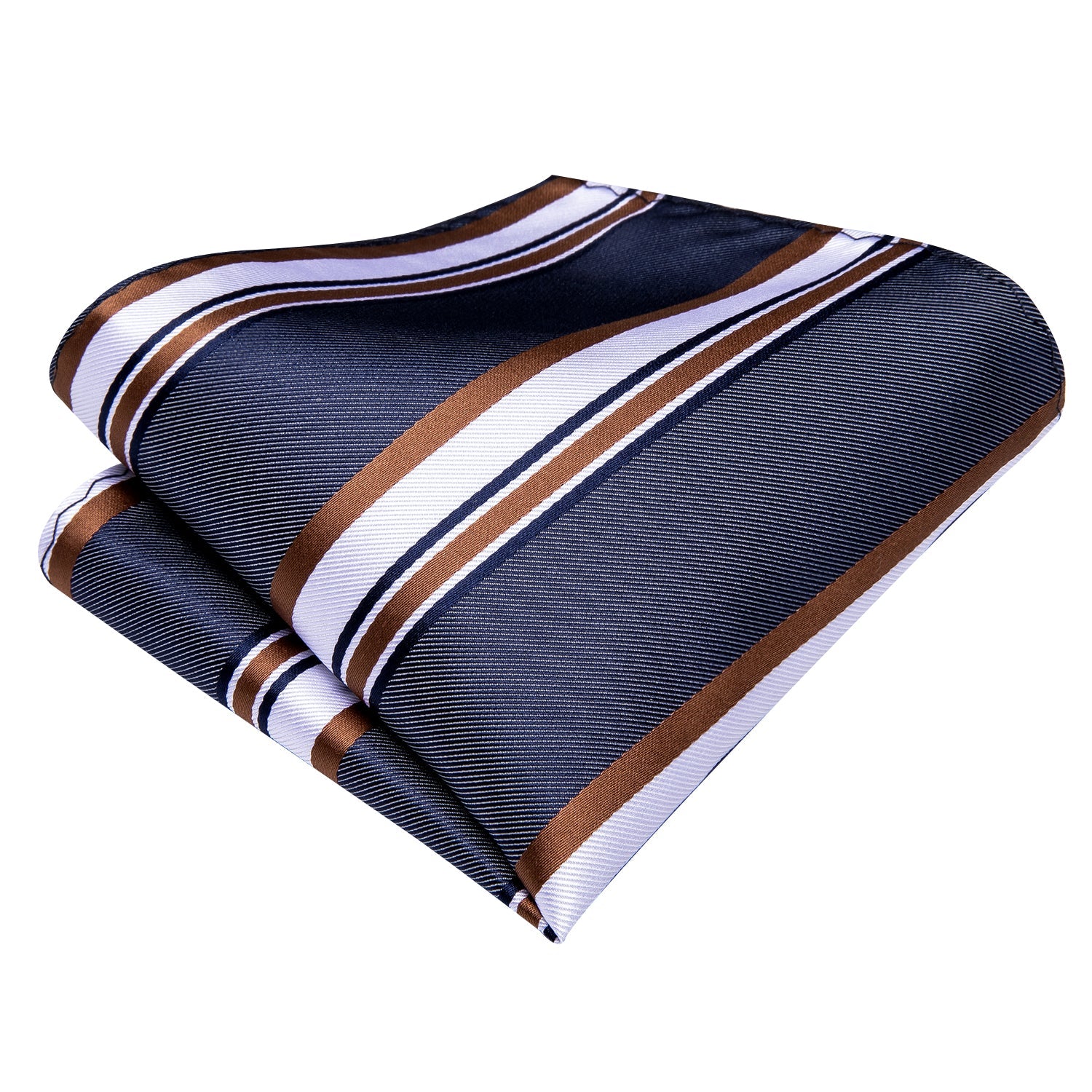 Hi-Tie Blue Brown White Striped Tie Handkerchief Cufflinks Set with Wedding Brooch