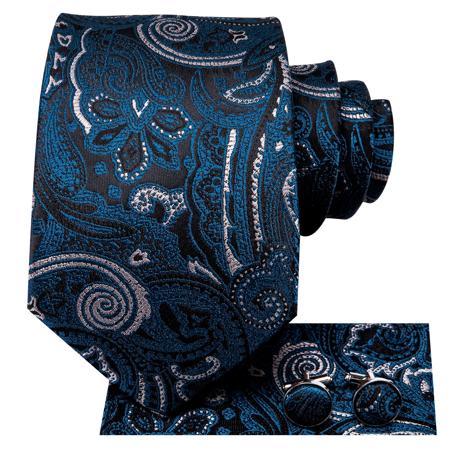 Black Blue Jacquard Floral Mens Tie Pocket Square Cufflinks Set