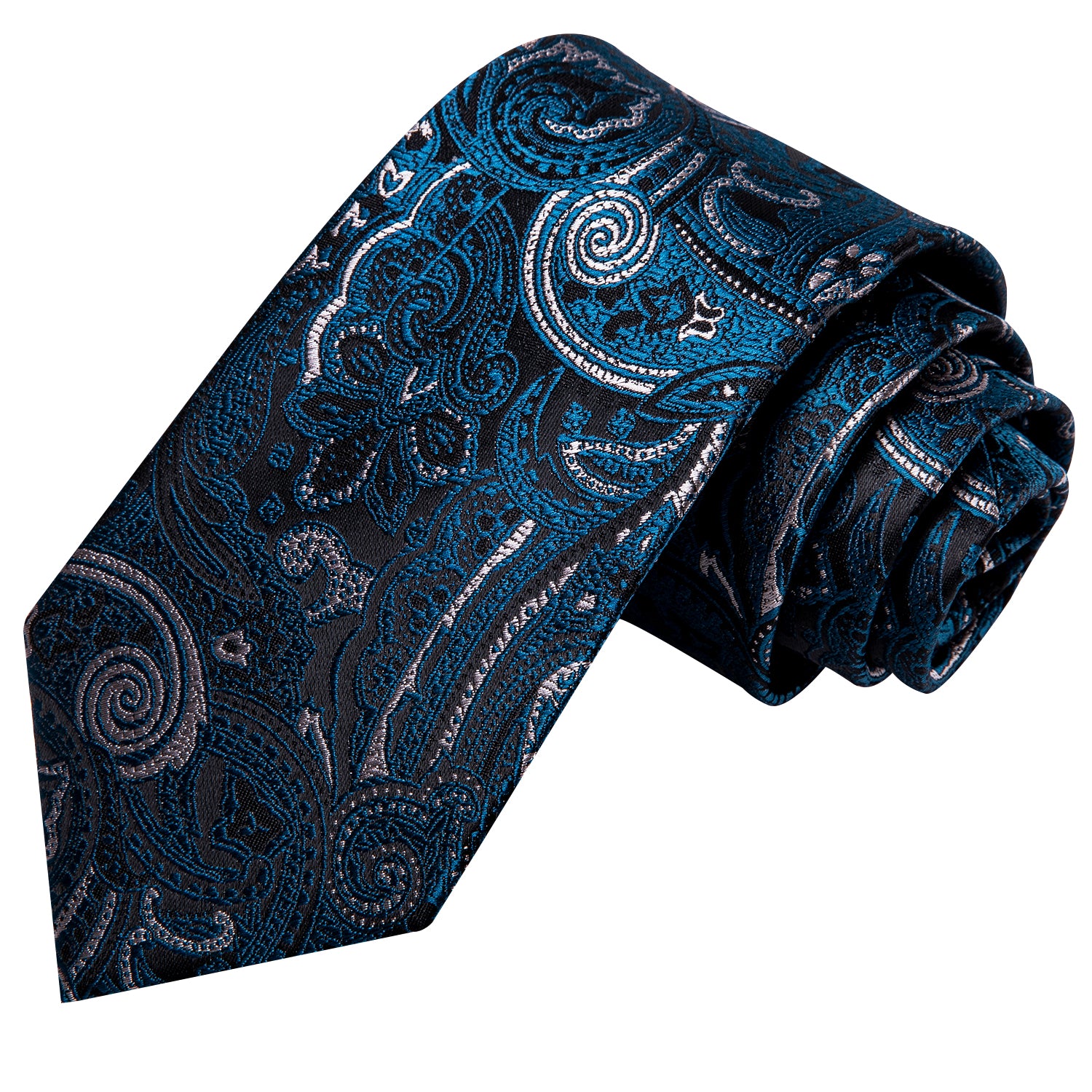 Black Blue Jacquard Floral Mens Tie Pocket Square Cufflinks Set