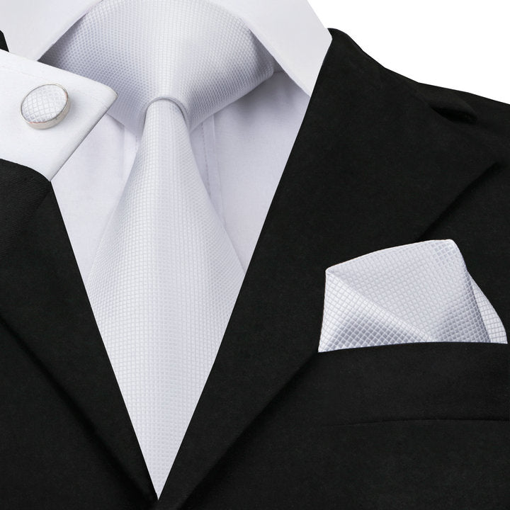  White Wedding Necktie Solid Men Tie Pocket Square Cufflinks Set